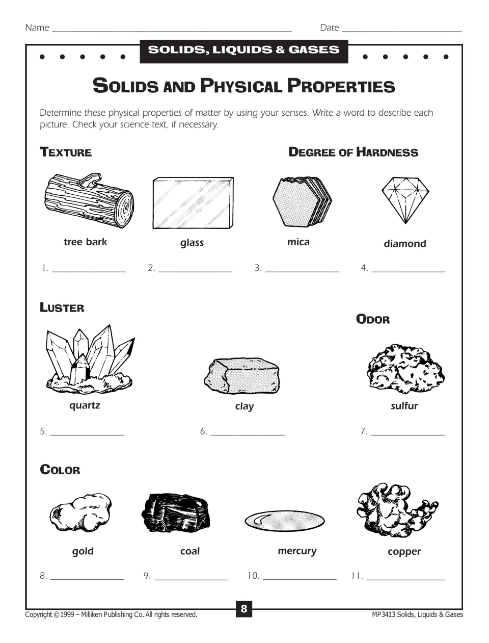 Solids and physical properties: students write a word describing texture, hardness, luster, odor or color for 11 materials