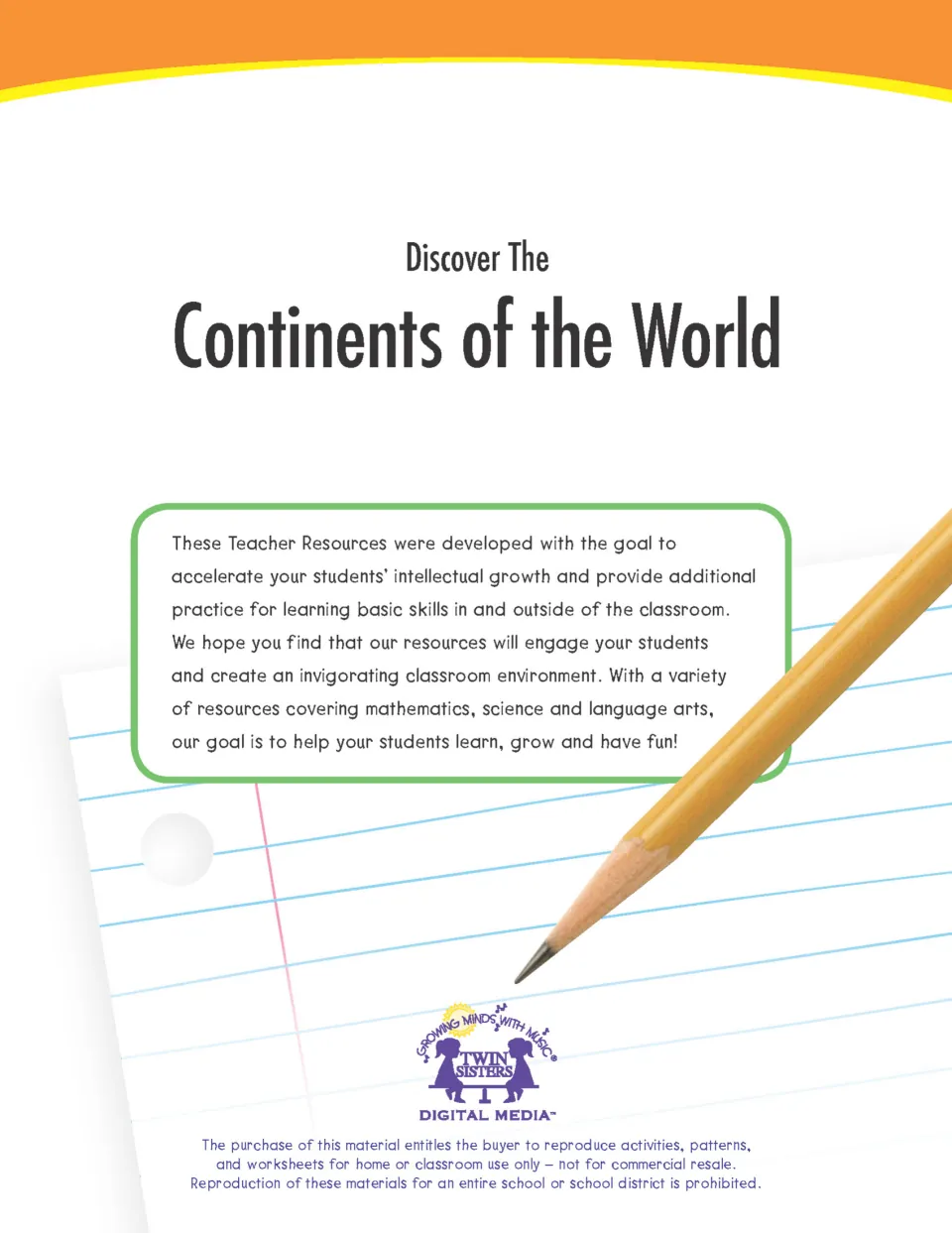 Cover of Discover The Continents of the World from Twin Sisters Digital Media, with a welcome note to teachers