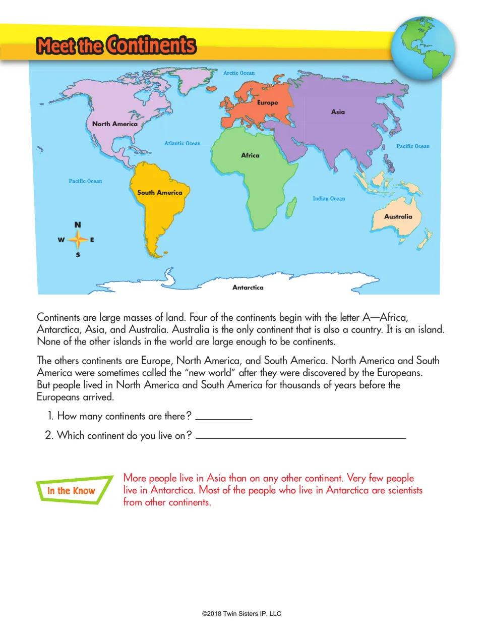 Meet the Continents: students read about the seven continents on a labeled world map and answer how many there are