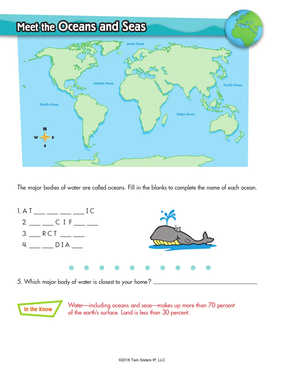 Meet the Oceans and Seas: students fill in missing letters to spell Atlantic, Pacific, Arctic and Indian beside a world map