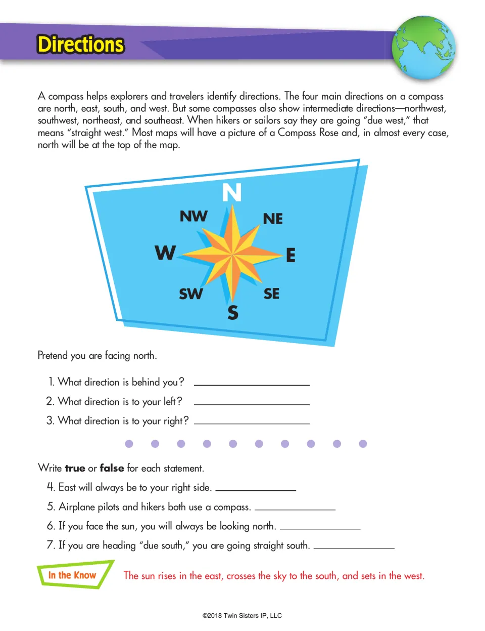 Directions: students use a compass rose to answer facing-north questions and mark four compass statements true or false