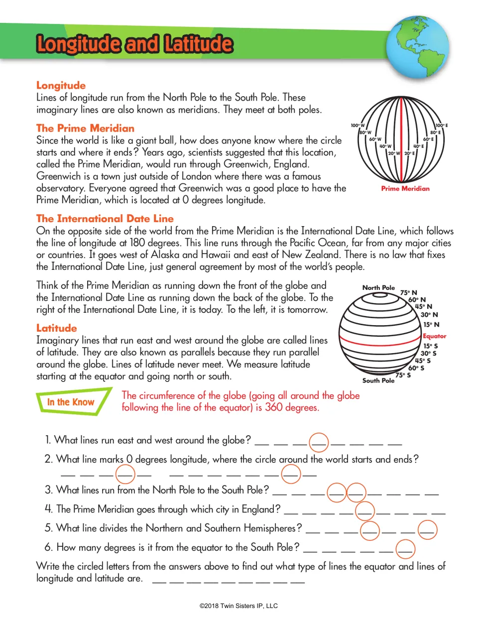 Longitude and Latitude: students read about the Prime Meridian and Date Line, then solve a circled-letter word puzzle