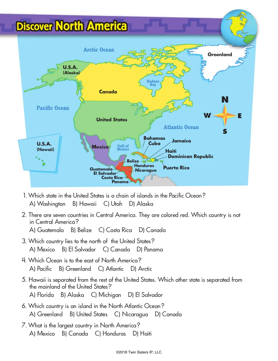 Discover North America: students study a labeled map of countries and answer 7 multiple-choice location questions
