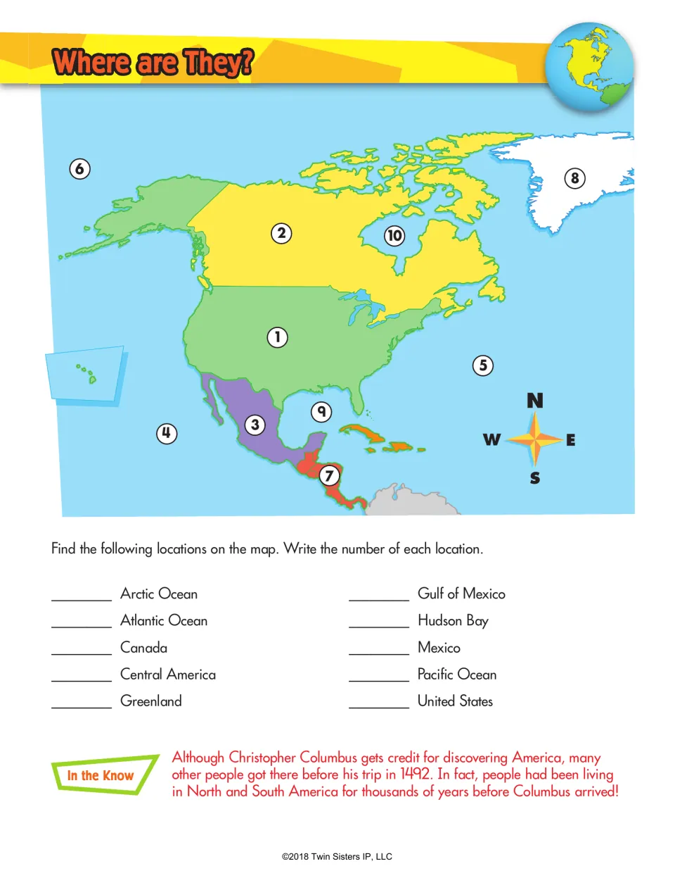 Where are They? North America map labeling: students write the number marking each of 10 places such as Hudson Bay