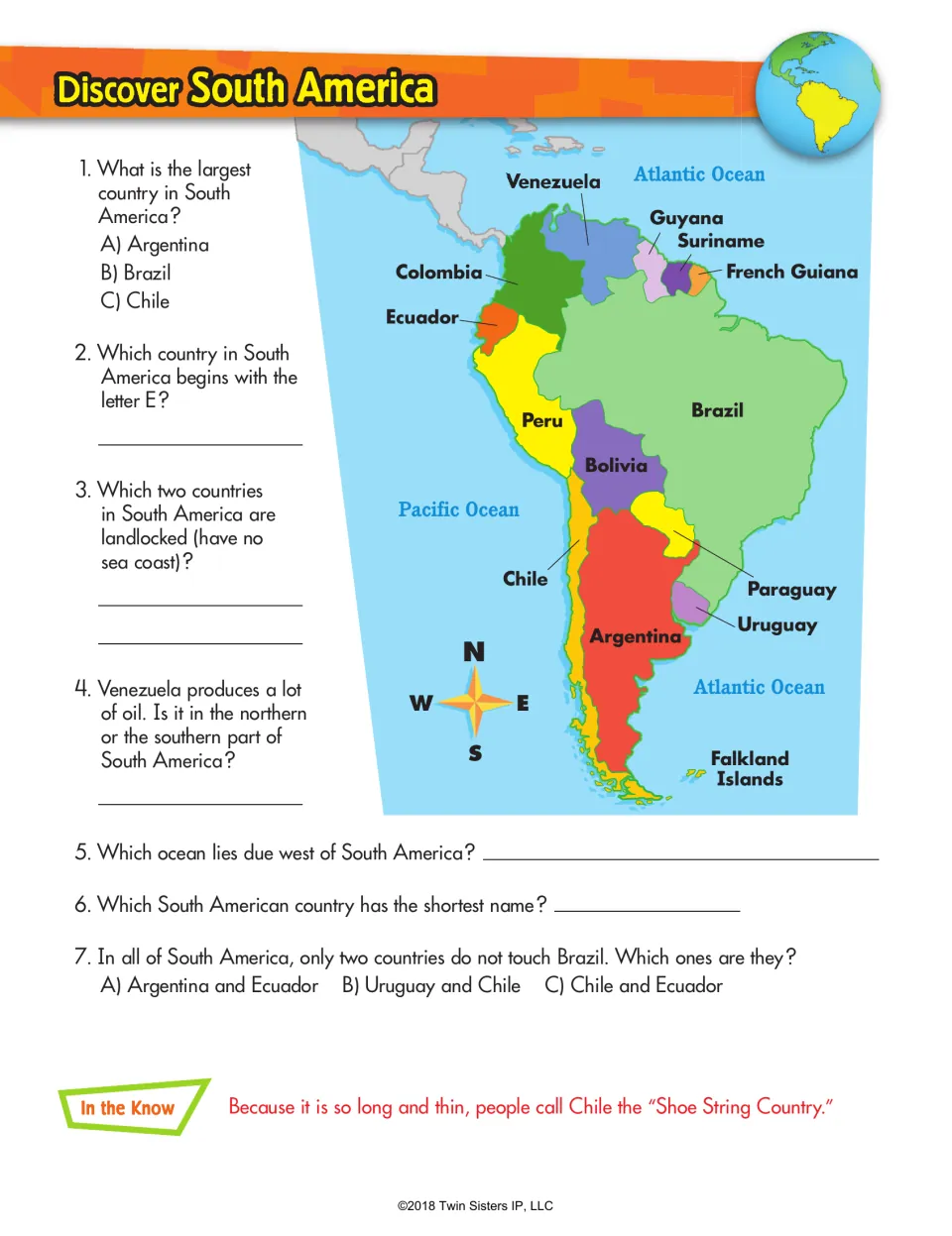 Discover South America: students use a labeled country map to answer questions on size, landlocked countries and oceans