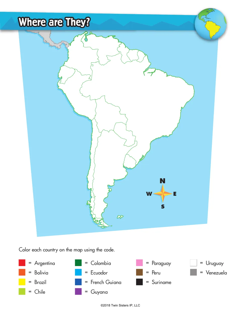 Where are They? South America map coloring: students color 13 countries on an outline map using a color code