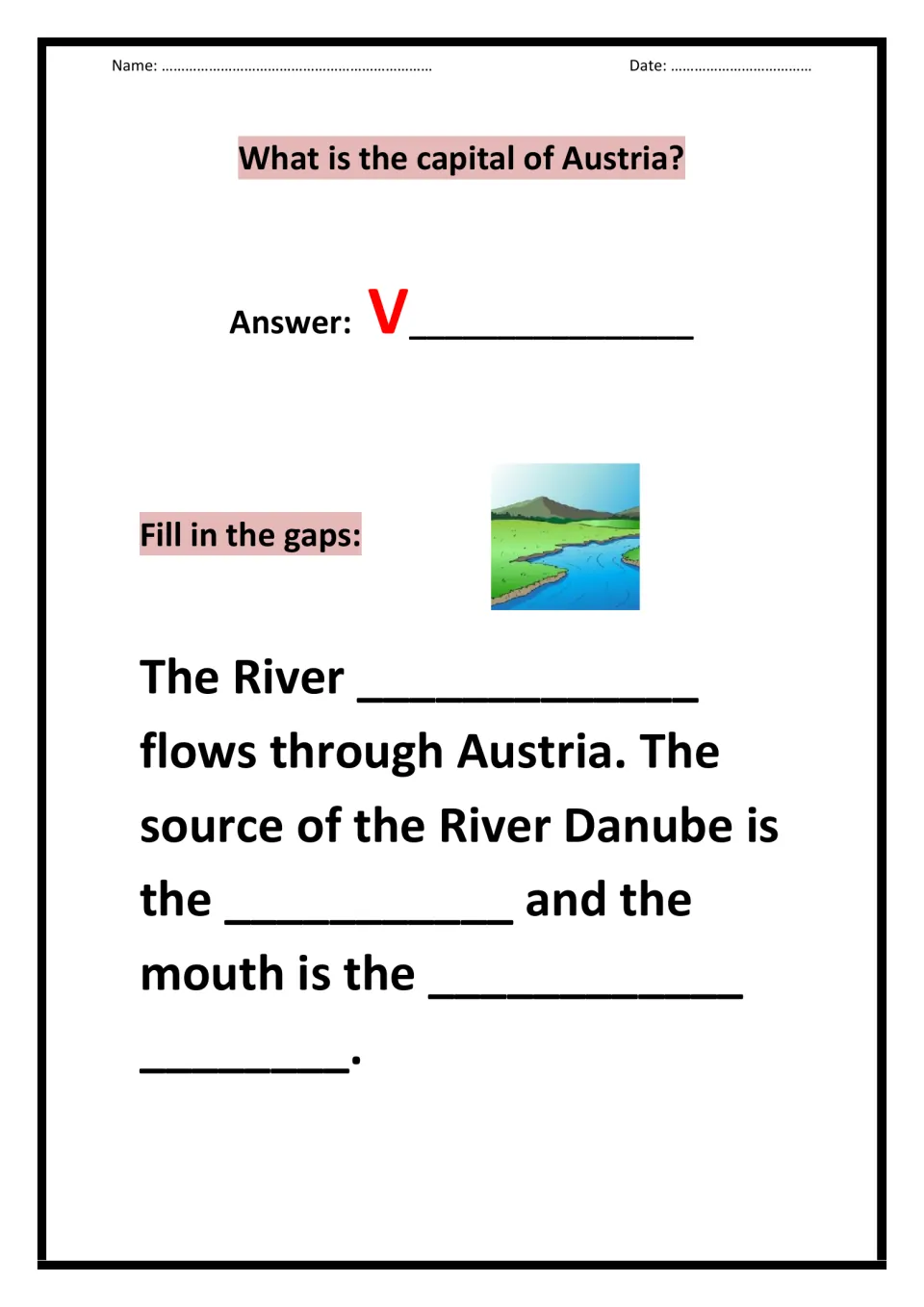 Capital and Danube quiz: students name Austria's capital from the hint V, then fill gaps on the river's source and mouth