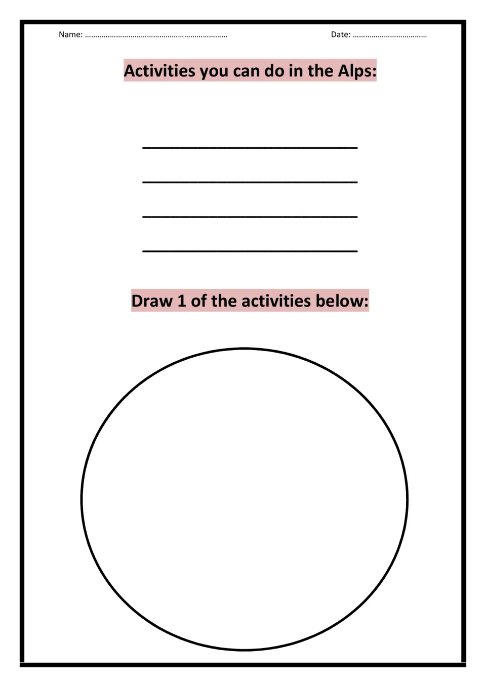 Activities in the Alps: students list four things people can do in the Alps, then draw one of those activities