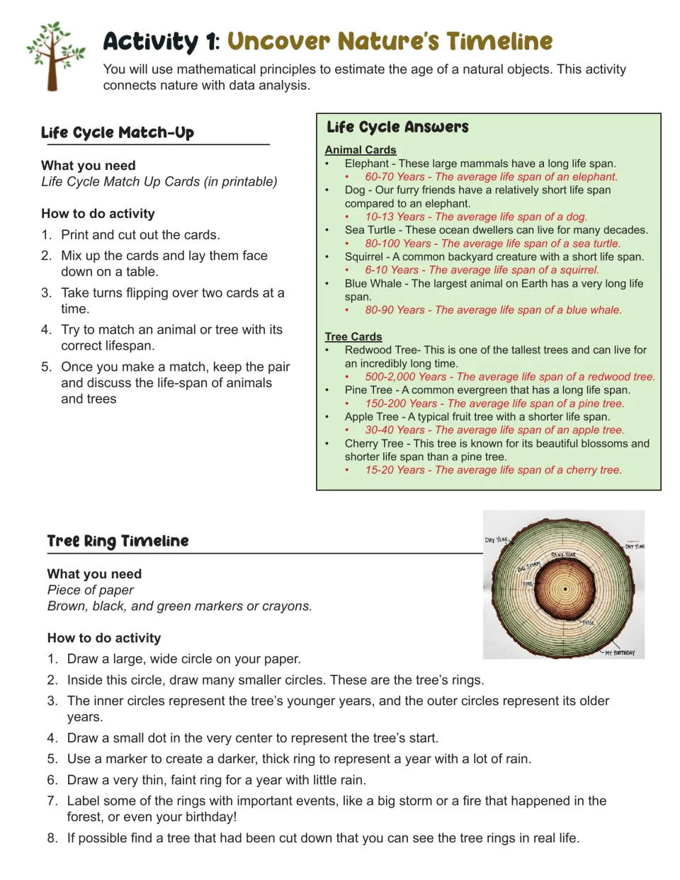Activity 1 instructions: match animal and tree lifespans, check the answers, and draw a tree ring timeline