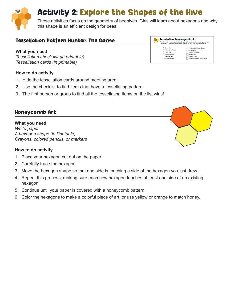 Activity 2 instructions: hunt for tessellation patterns and trace hexagons to create colorful honeycomb art