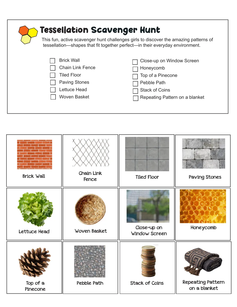 Tessellation scavenger hunt printable: checklist and 12 picture cards, including brick wall and honeycomb