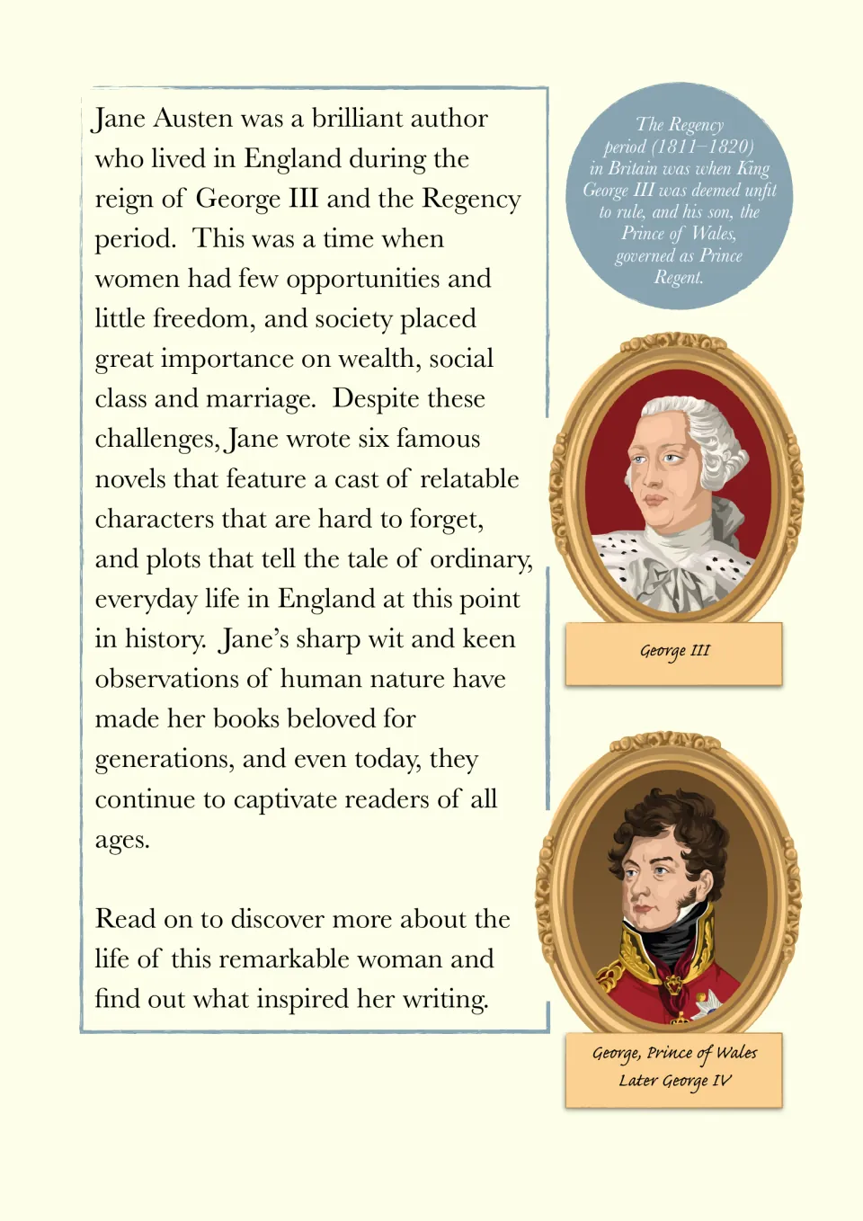 Biographical introduction explains Jane Austen's six novels, women's limited freedom, and Regency England.