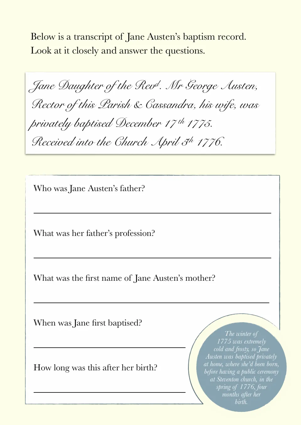 Baptism record activity asks five questions about Jane Austen's parents, her baptism date, and her birth.