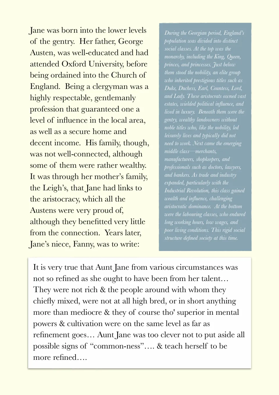 Social background reading explains Jane Austen's gentry status, family connections, and Georgian classes.