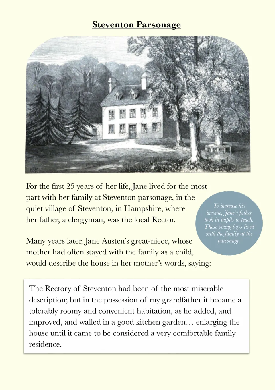 Steventon Parsonage reading describes Jane Austen's childhood home, with an illustration and family account.