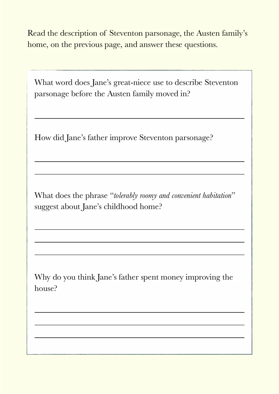 Four comprehension questions examine Steventon parsonage's original condition and Jane's father's improvements.