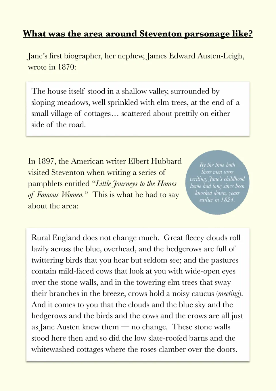 Steventon countryside reading pairs accounts by James Edward Austen-Leigh and Elbert Hubbard of the area.