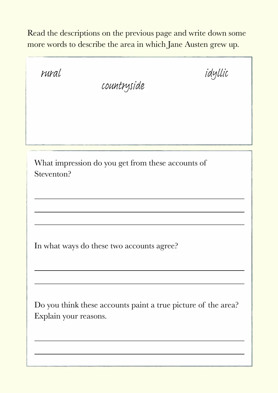 Steventon response activity asks for descriptive words and comparisons of two accounts, including their accuracy.