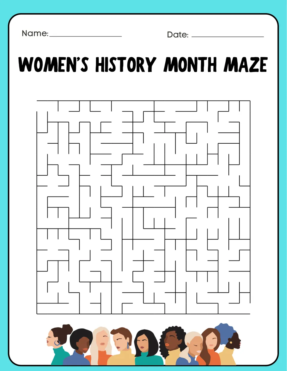 Women's History Month maze: students trace a single path from start to finish, above an illustrated row of diverse women