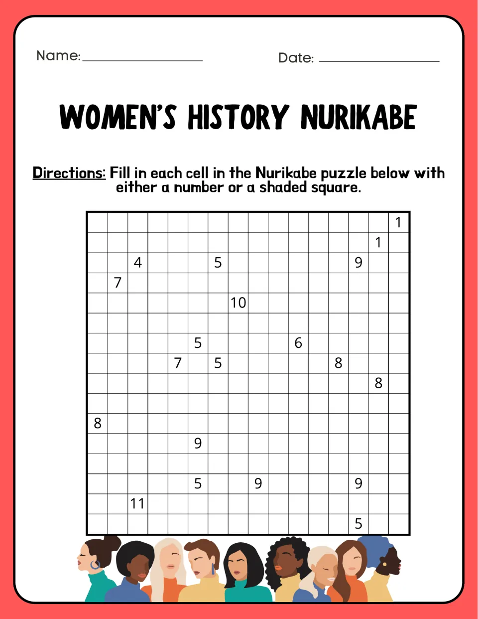 Women's history Nurikabe logic puzzle: students shade squares around number clues such as 4, 7, 10 and 11 to form islands
