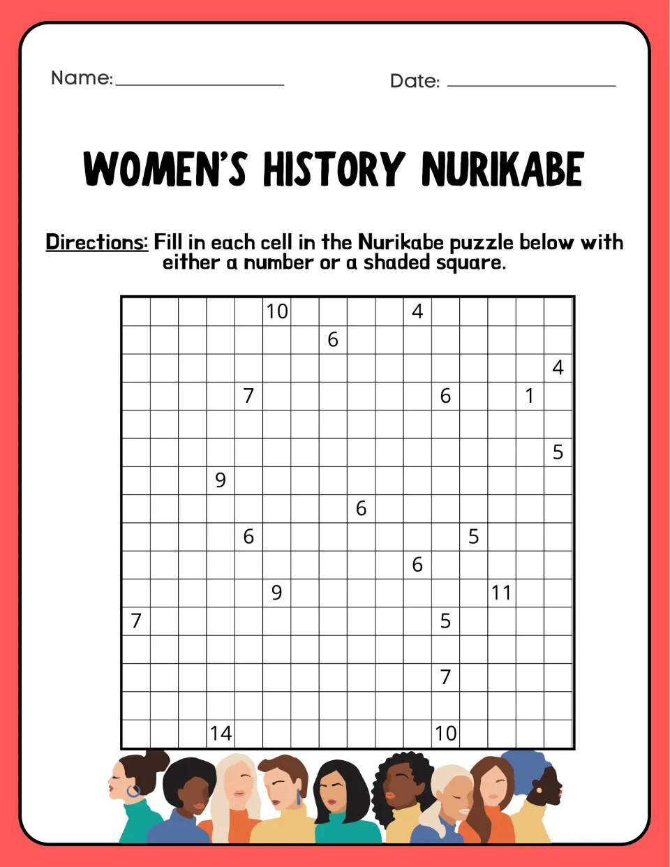 Second women's history Nurikabe puzzle: students use number clues including 9, 11 and 14 to decide which squares to shade