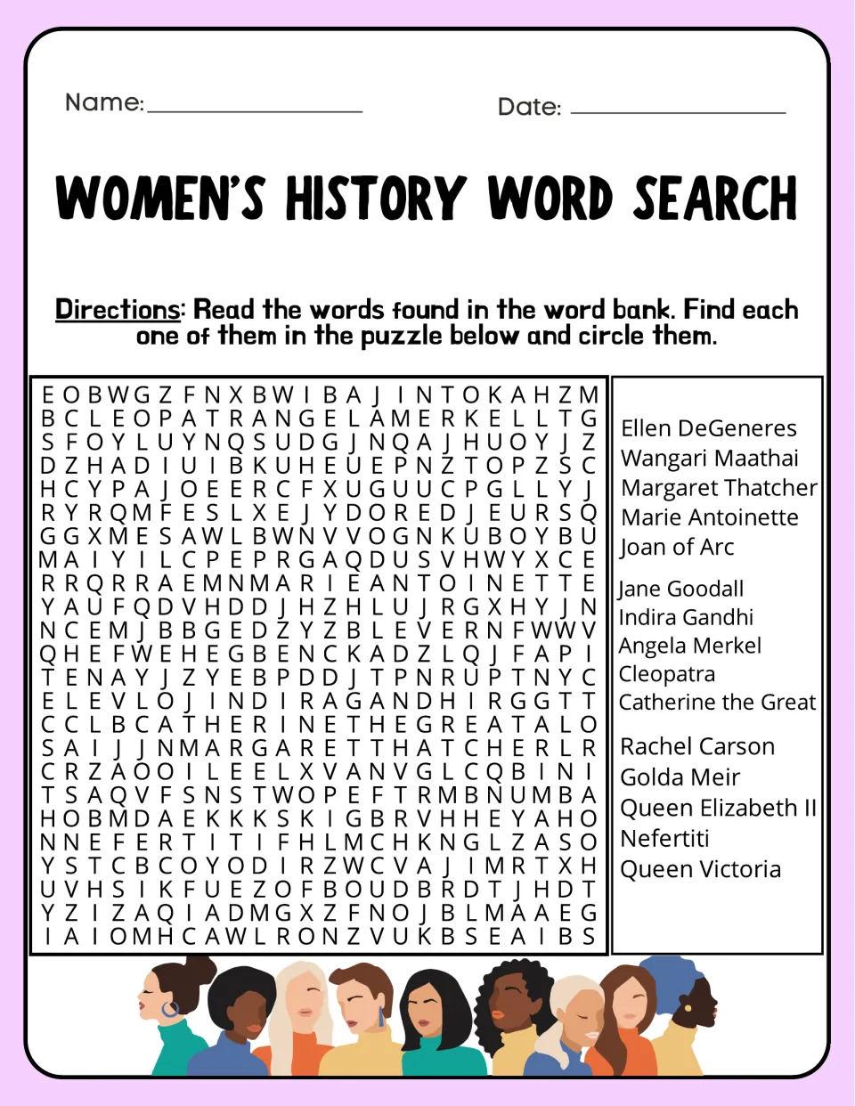 World women leaders word search: students circle 15 names from Cleopatra and Joan of Arc to Indira Gandhi and Angela Merkel