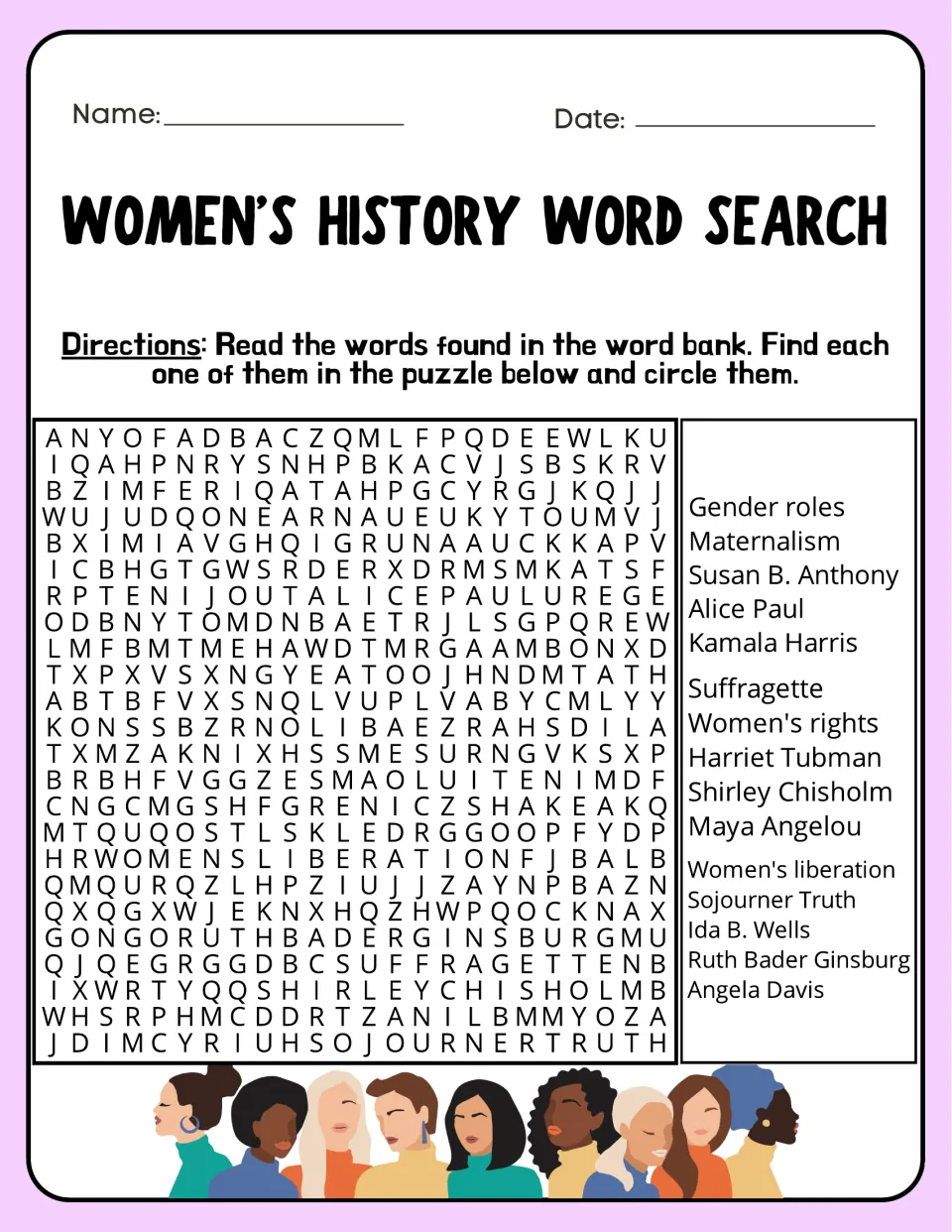 Women's rights word search: students circle 15 names and terms, including Susan B. Anthony, Harriet Tubman and suffragette