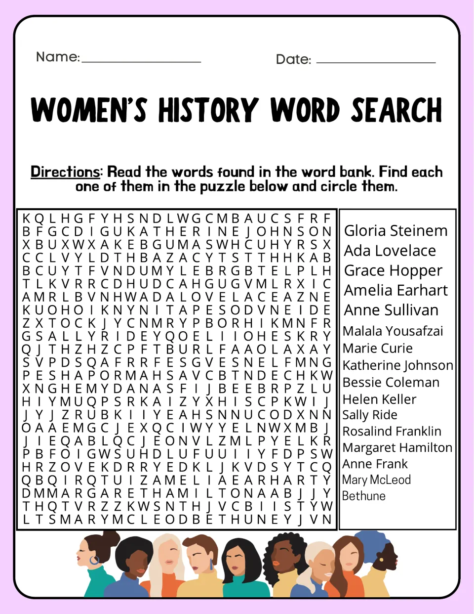 Women in science and flight word search: students circle 15 names like Marie Curie, Amelia Earhart and Sally Ride