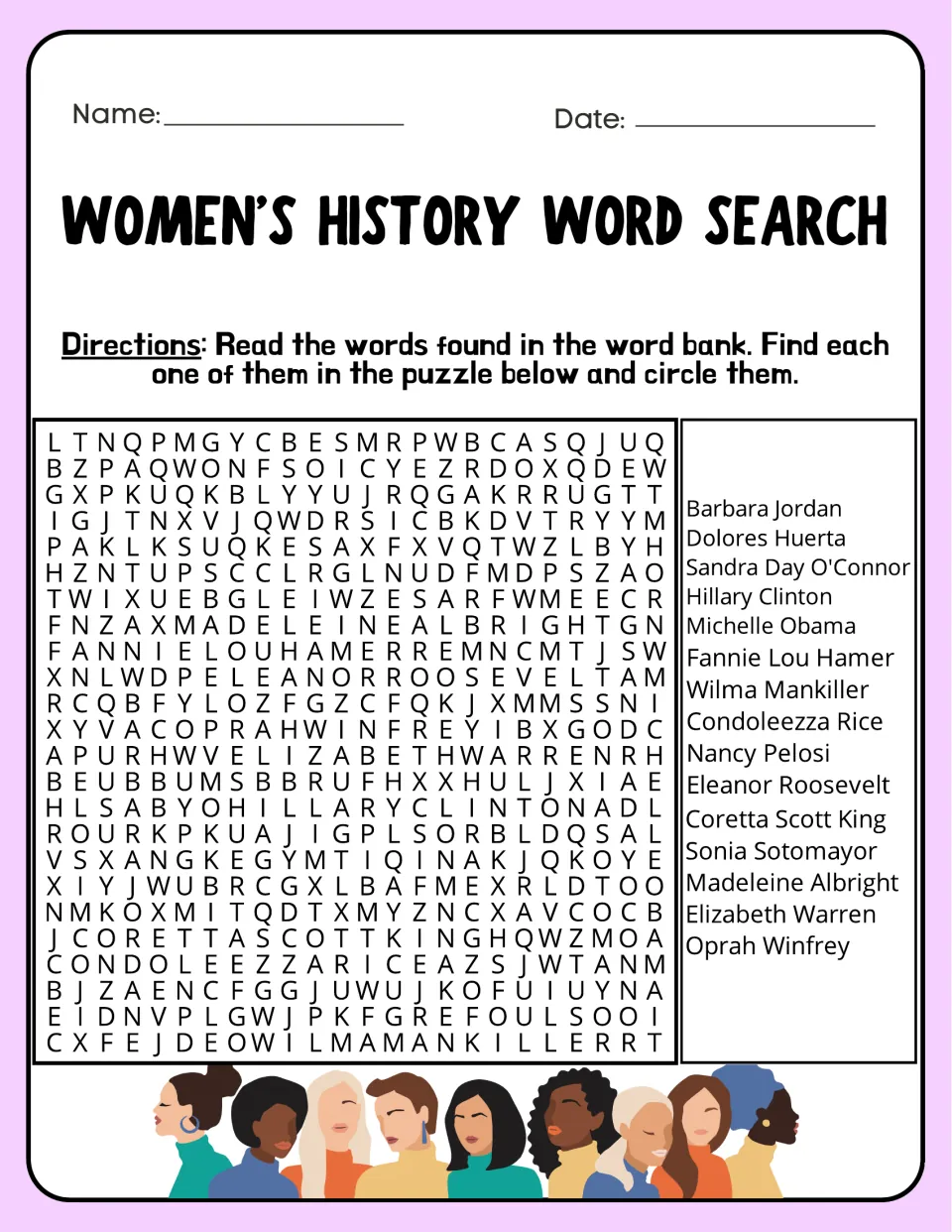 American women in public life word search: students circle 15 names such as Eleanor Roosevelt and Oprah Winfrey