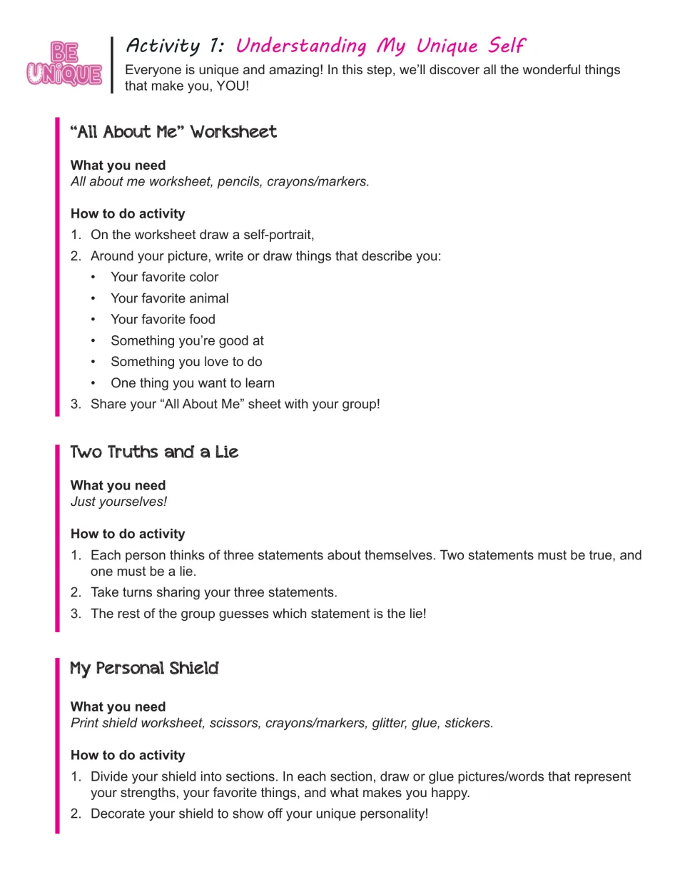 Self-discovery activity directions for All About Me, Two Truths and a Lie, and My Personal Shield.