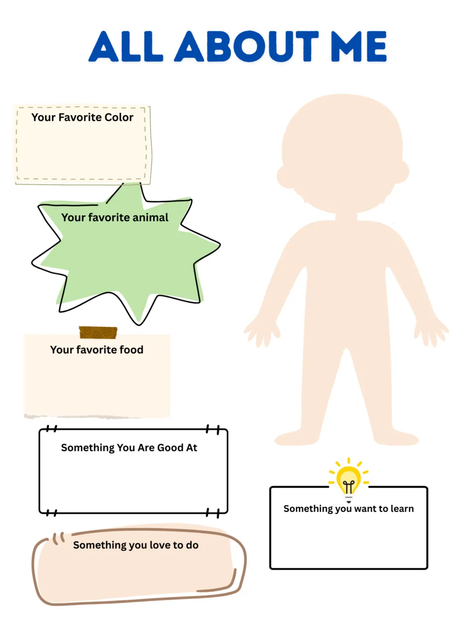 All About Me worksheet asks for a self-portrait, favorite color, animal, food, strengths, and interests.