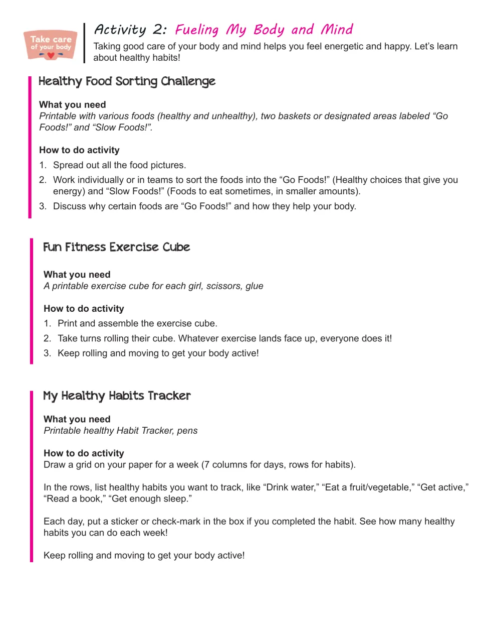 Healthy-habit activity directions cover food sorting, a fitness exercise cube, and a weekly habit tracker.