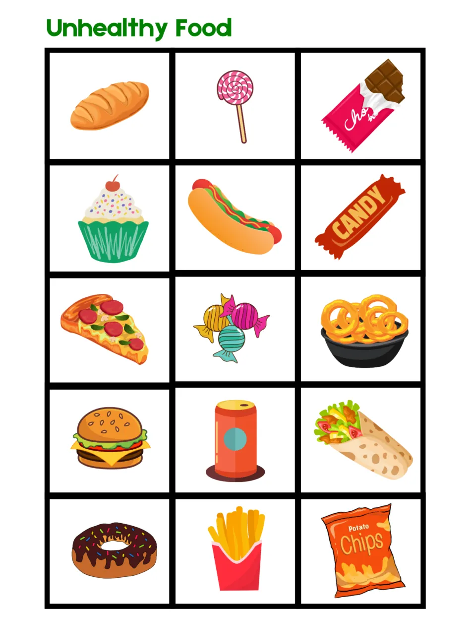 Food-sorting sheet labeled Unhealthy Food contains 15 picture cards, including candy, pizza, and fries.