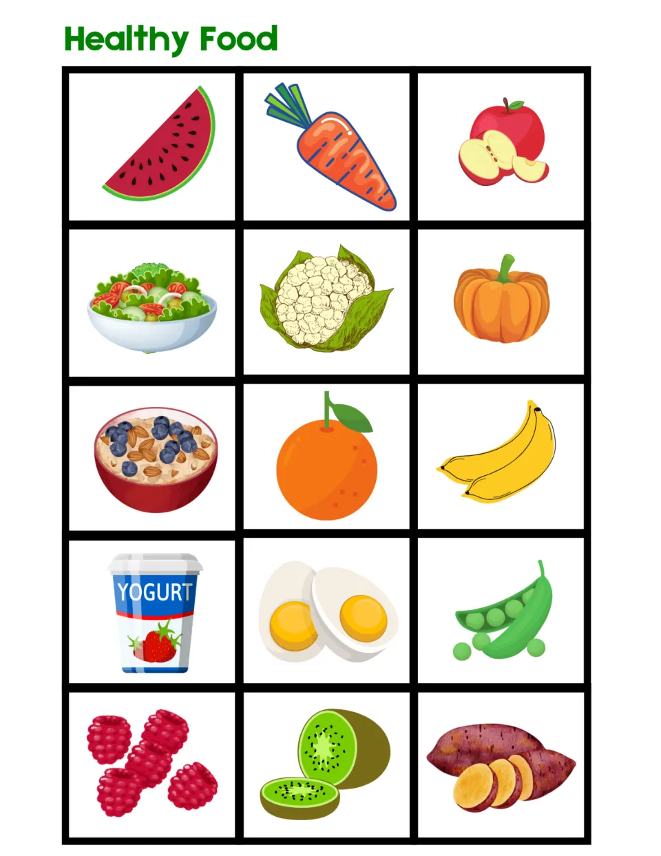 Food-sorting sheet labeled Healthy Food contains 15 picture cards, including watermelon, carrots, and eggs.