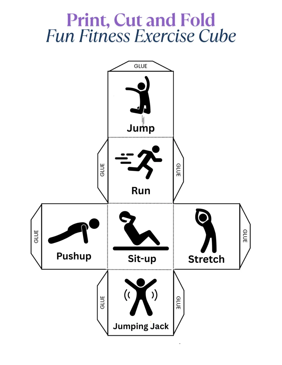 Fitness exercise cube template has six actions: jump, run, pushup, sit-up, stretch, and jumping jack.