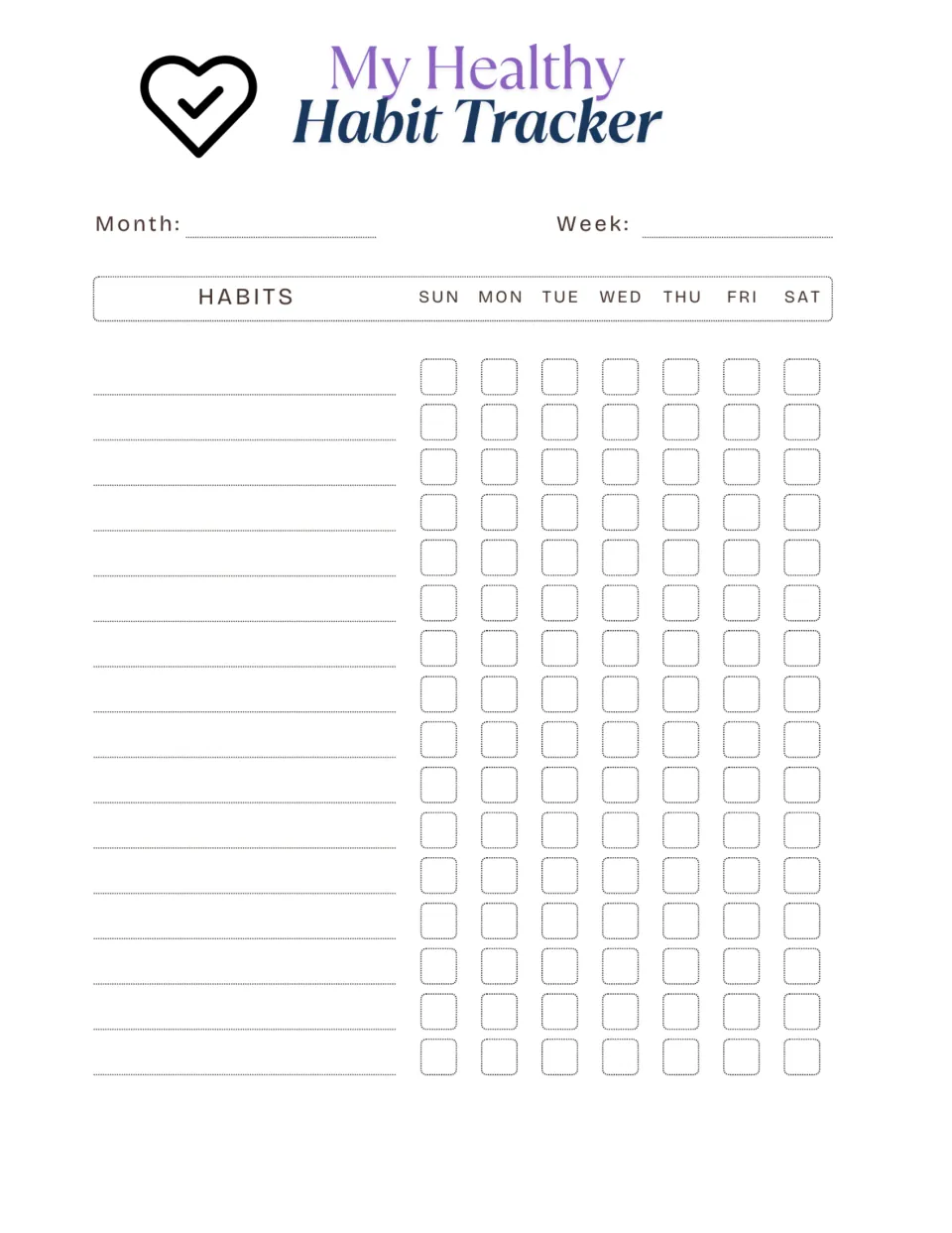 My Healthy Habit Tracker printable provides space to list habits and mark completion Sunday through Saturday.