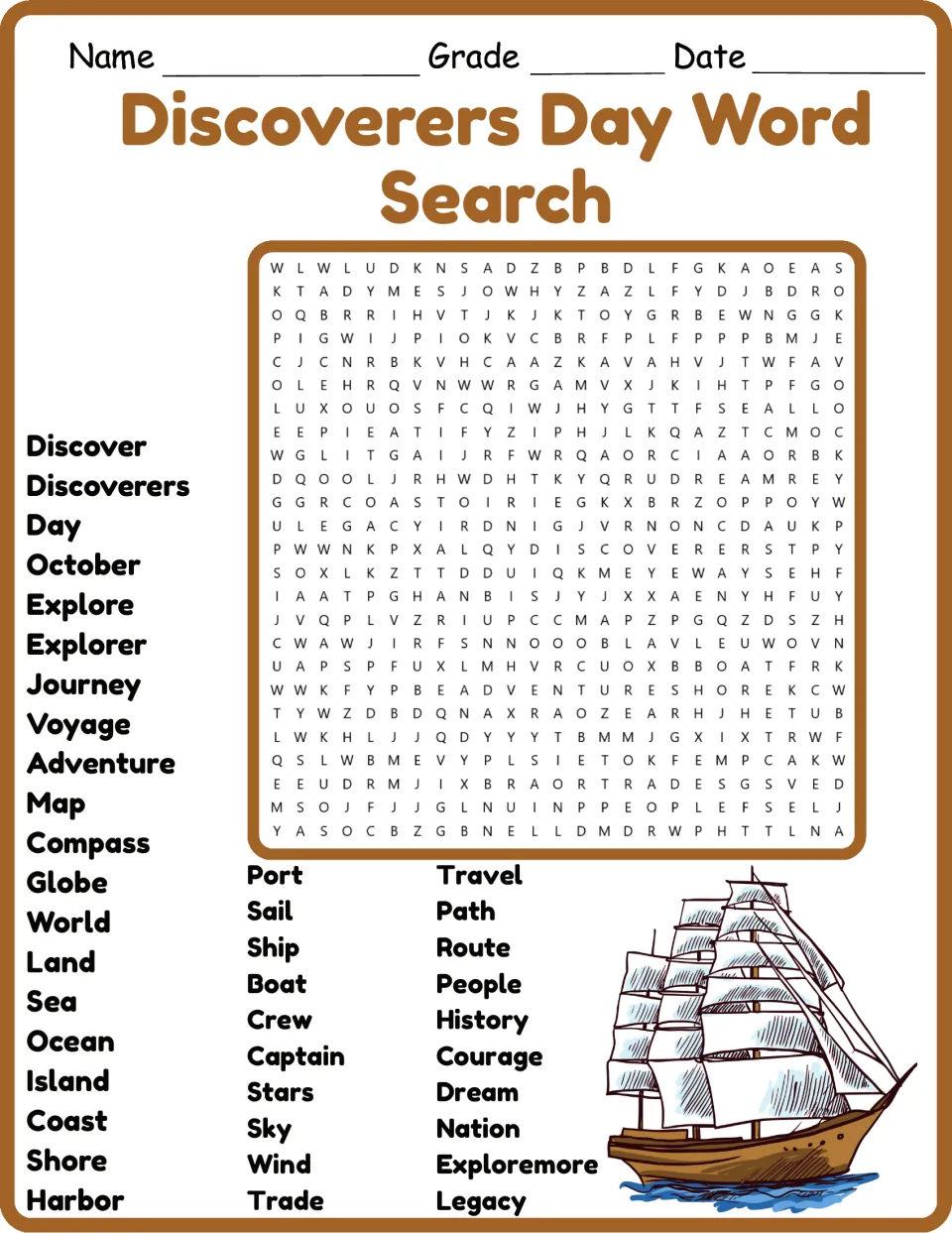 Color word search activity featuring 40 words about exploration, including Discover, Journey, Map, and Compass.