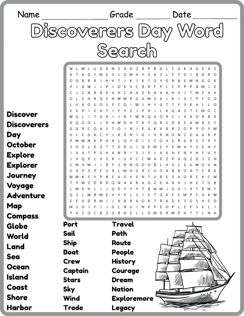 Black-and-white version of the 40-word exploration search, including Ocean, Captain, Trade, and History.