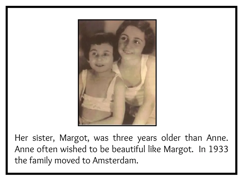 Biography slide 3 describes Anne’s older sister, Margot, and the family’s move to Amsterdam in 1933.