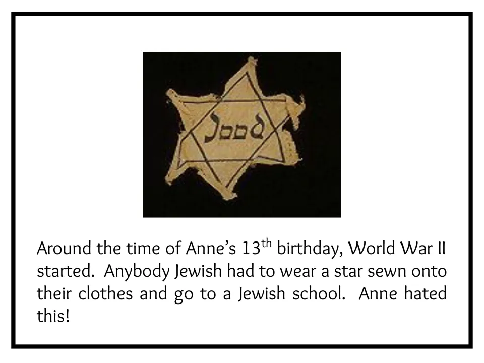 Biography slide 5 describes restrictions on Jewish clothing and schooling beside a yellow star badge.