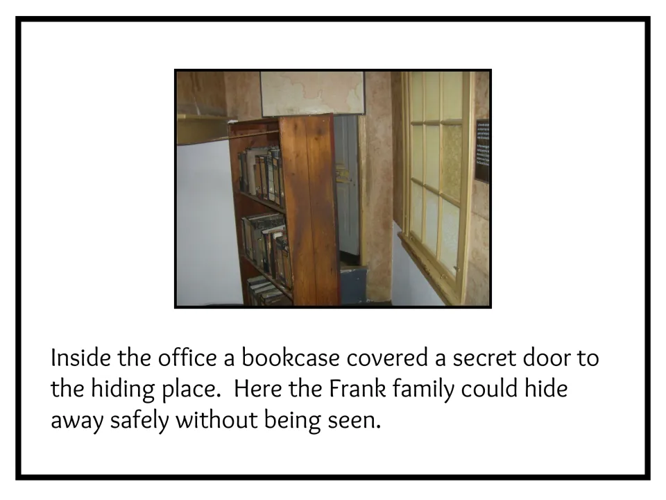 Biography slide 7 explains how a bookcase concealed the door to the Frank family’s secret hiding place.