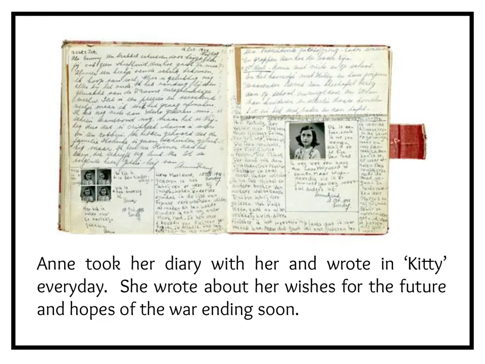 Biography slide 8 describes Anne’s diary writing in hiding, including her wishes and hopes for peace.