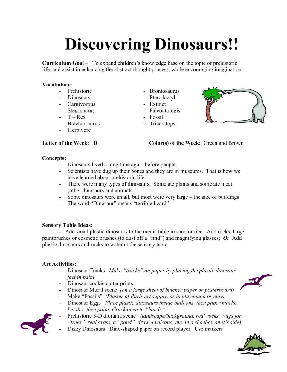 Curriculum overview lists dinosaur vocabulary, letter D, green and brown, sensory ideas, and art activities