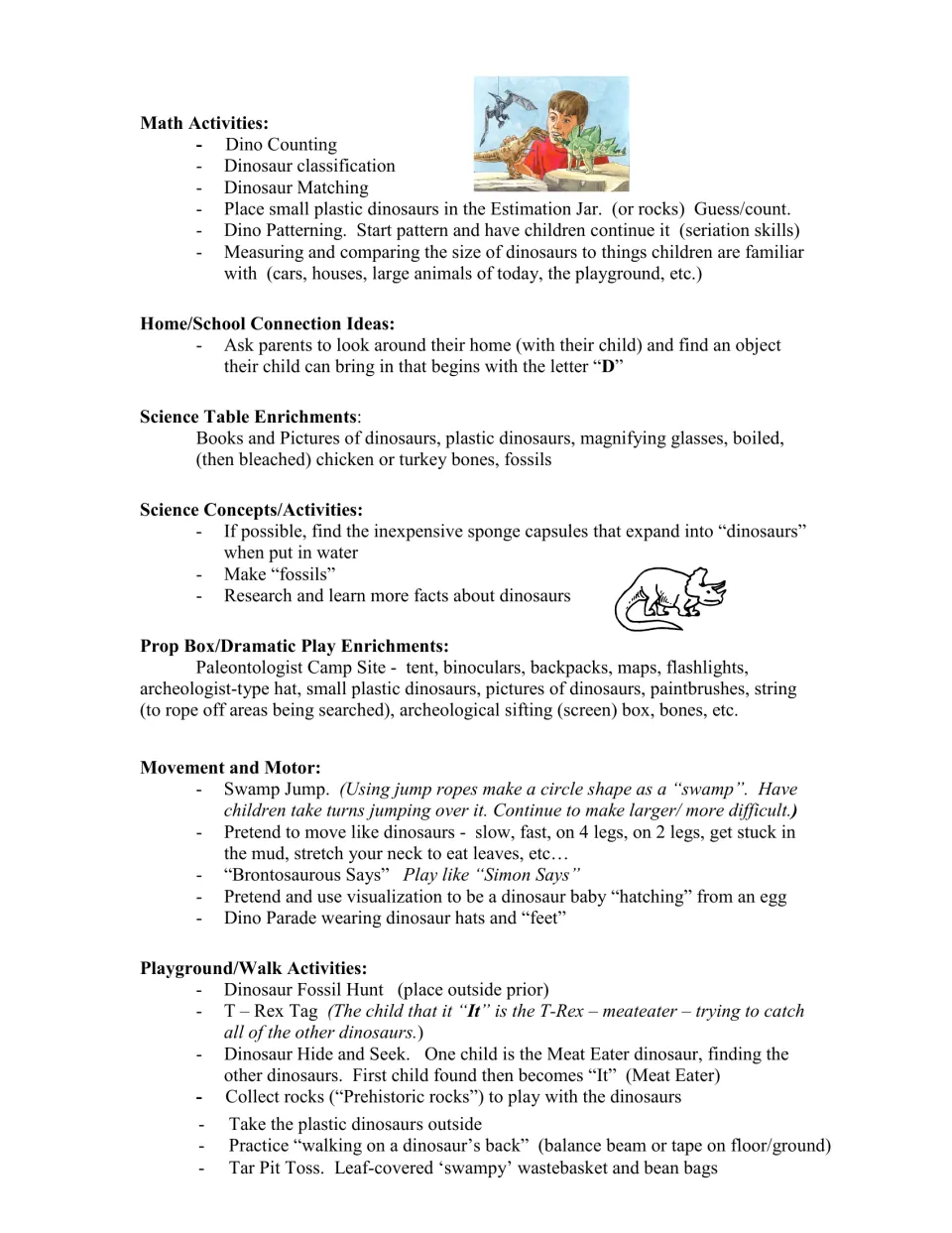 Dinosaur activity plans cover counting, matching, science exploration, a paleontologist camp, and movement