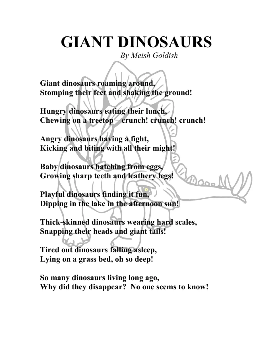 Giant Dinosaurs poem by Meish Goldish describes dinosaurs stomping, eating, hatching, playing, and sleeping