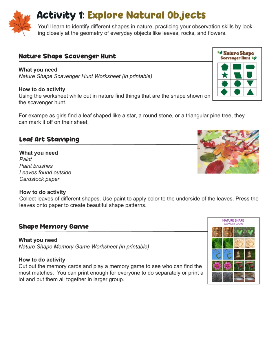 Activity 1, Explore Natural Objects: steps for a nature shape scavenger hunt, leaf art stamping and a shape memory game
