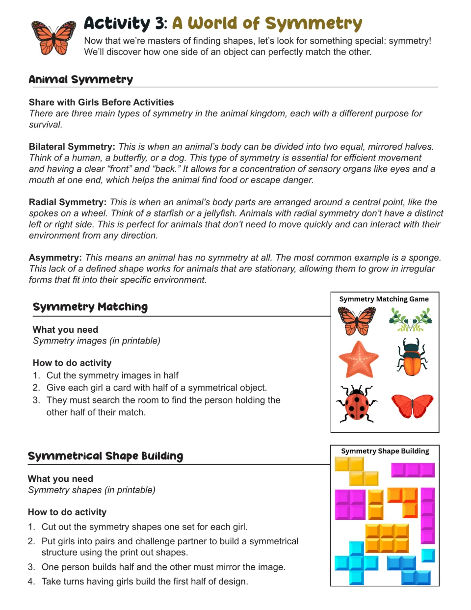 Activity 3, A World of Symmetry: notes on bilateral, radial and asymmetry in animals, plus matching and building games