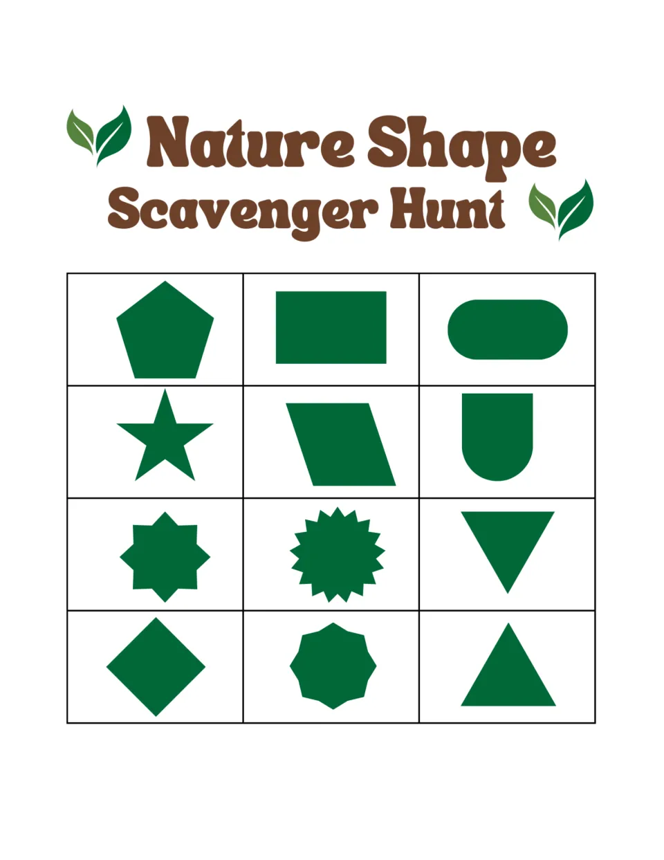 Nature Shape Scavenger Hunt: 12 green shapes such as a pentagon, star, triangle and diamond for students to find outdoors