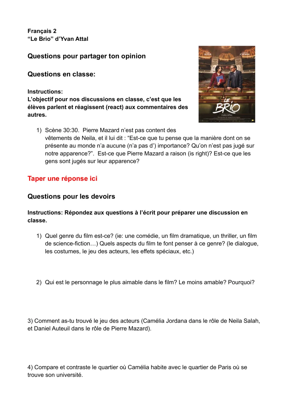 Le Brio opinion questions in French: students discuss judging by appearance, then write on genre, characters and acting