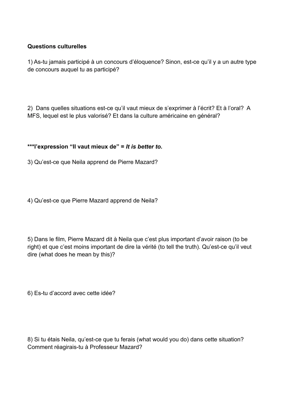 Cultural questions in French on eloquence contests, speaking vs. writing, and what Neila and Pierre Mazard learn